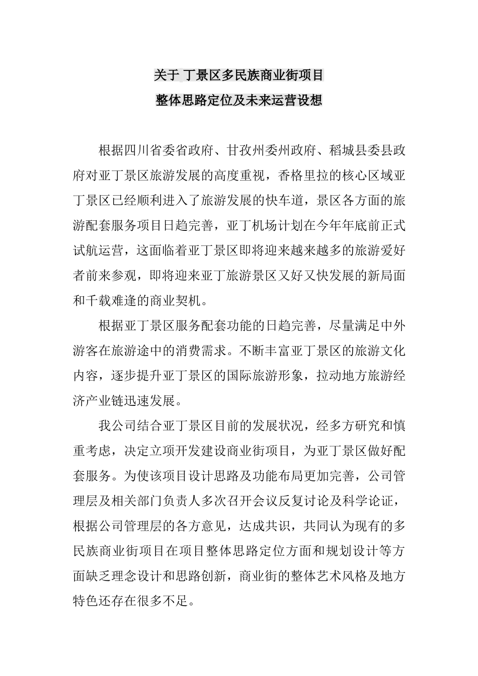 关于稻城亚丁景区多民族商业街项目整体思路定位及未来运营设想_第1页