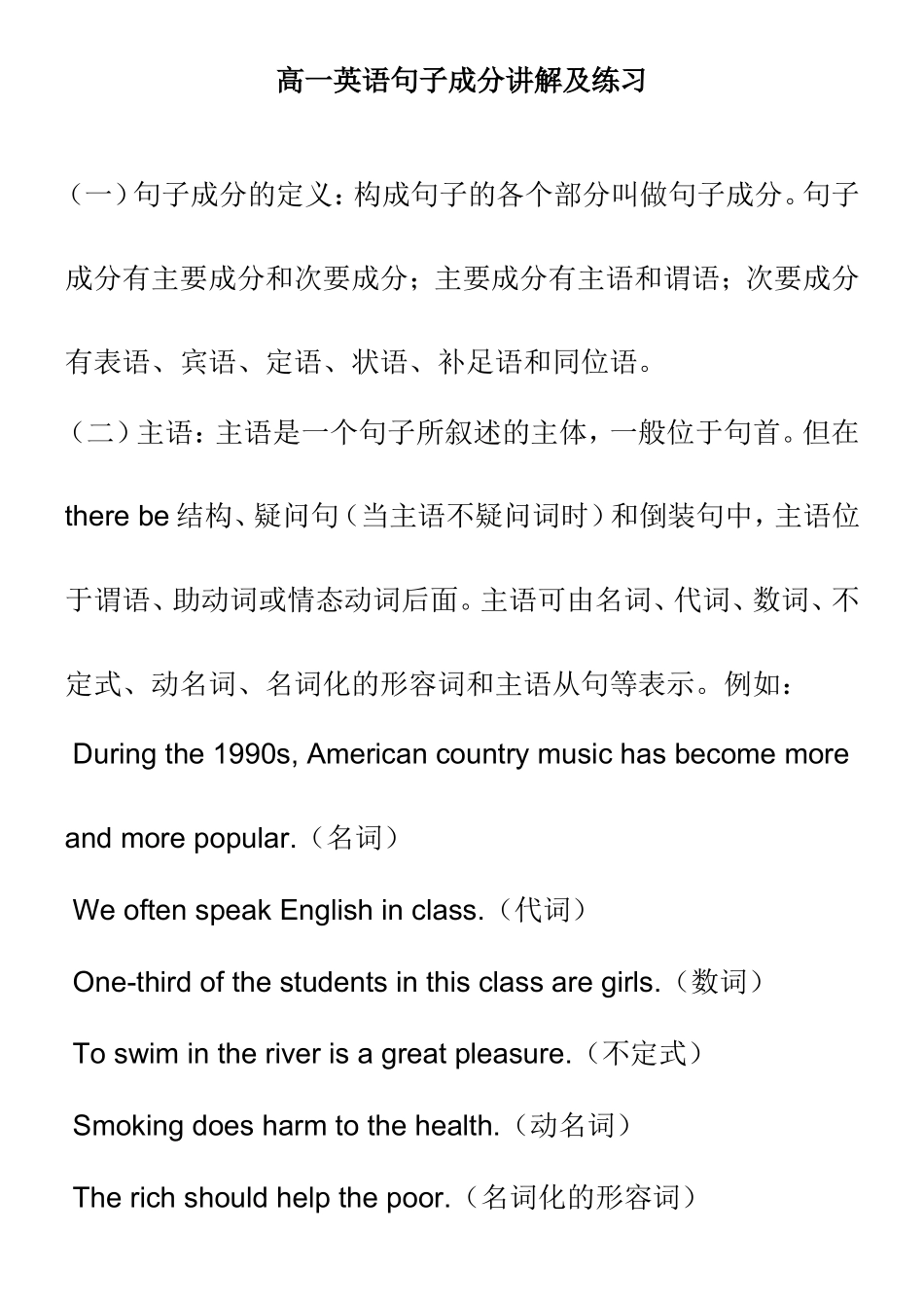 高一英语句子成分知识点梳理讲解及练习_第1页