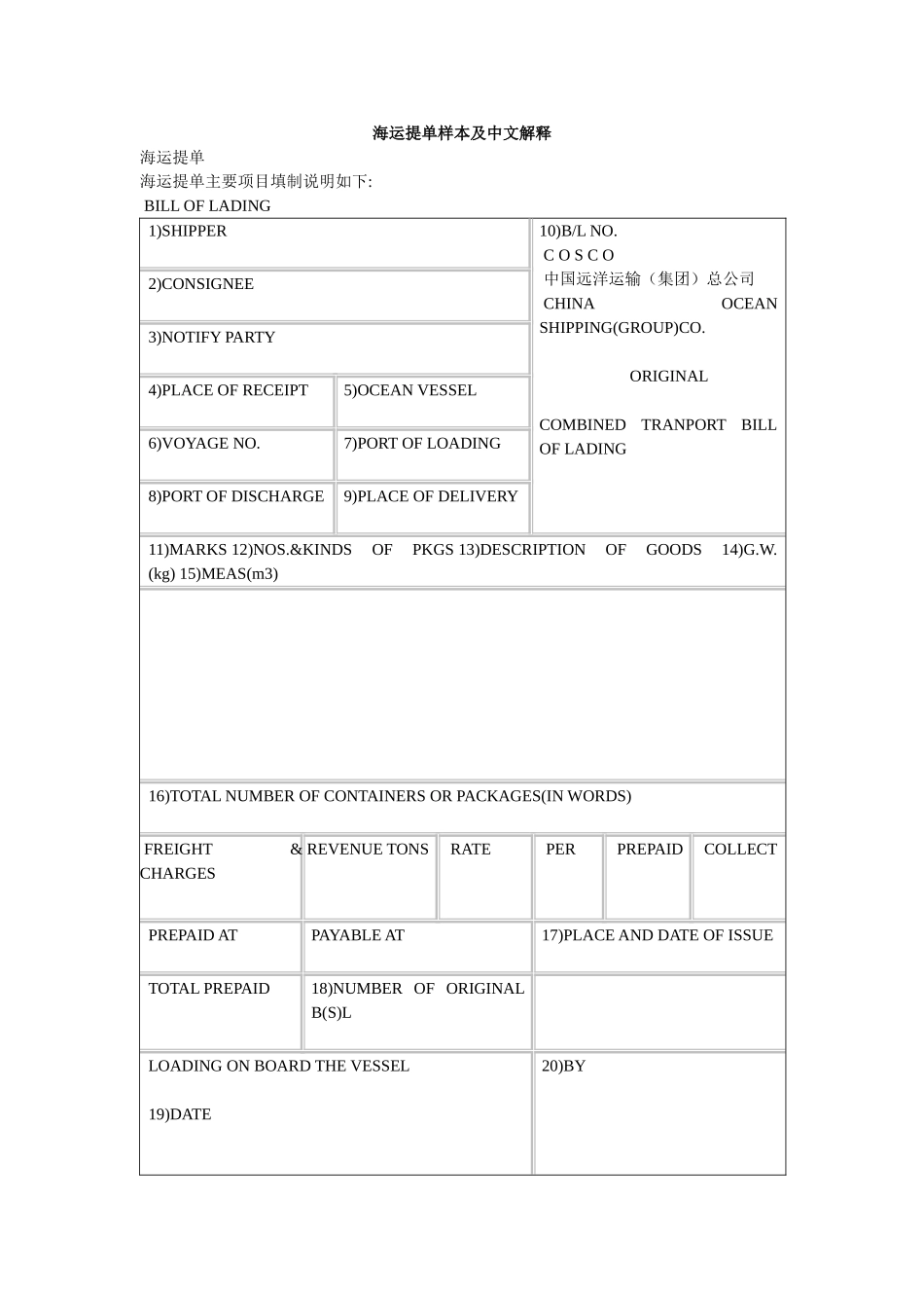 海运提单样本及中文解释_第1页