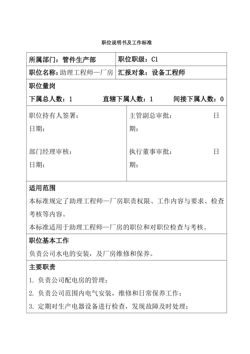 管件生产部 职位说明书及工作标准_第1页