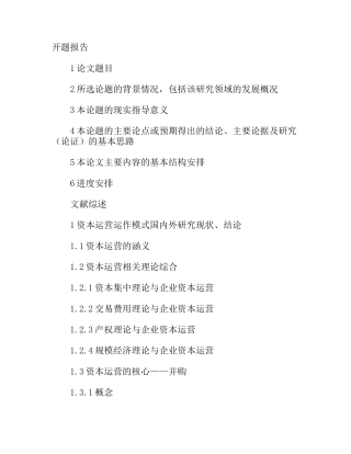 开题报告文献综述 资本运营及某某企业资本运营的案例分析