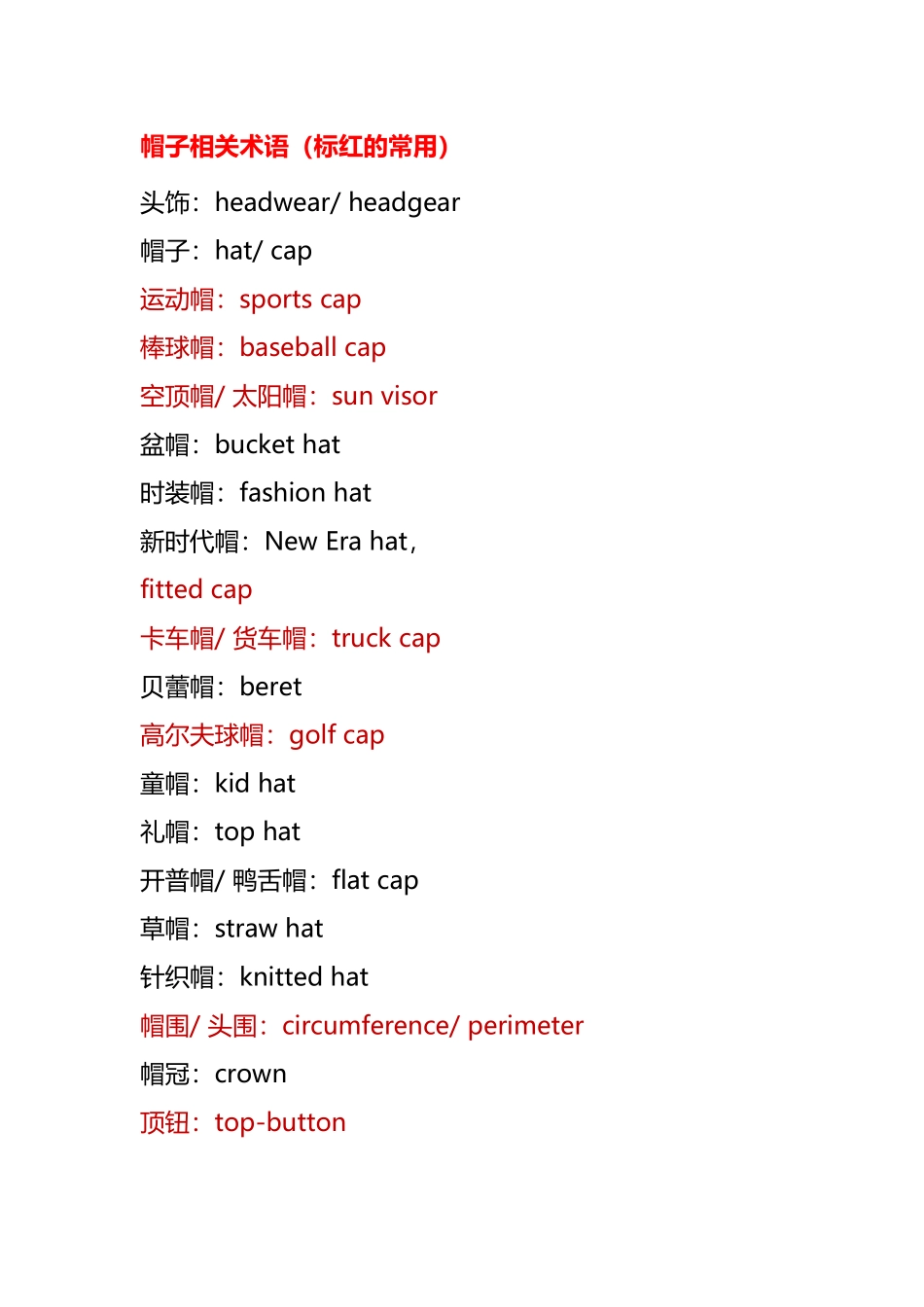 帽子相关术语（标红的常用）英语知识点梳理汇总_第1页