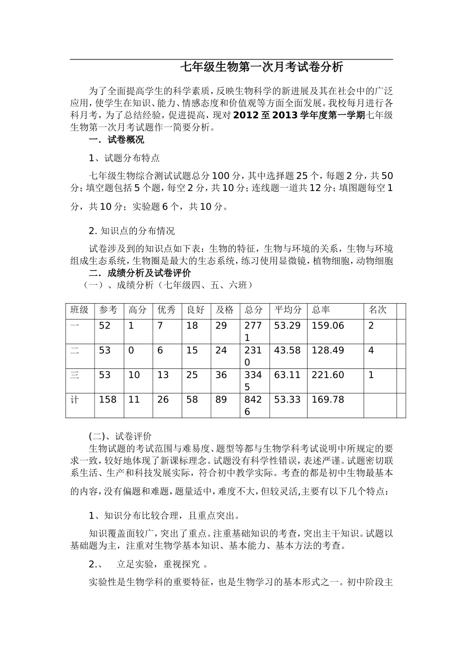 七年级生物第一次月考试卷分析_第1页