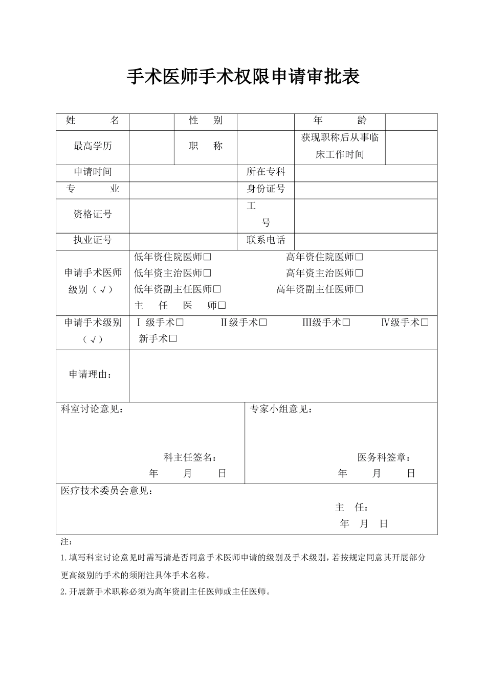 手术医师手术权限申请审批表_第1页