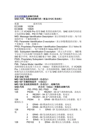 沃尔沃挖掘机故障代码表