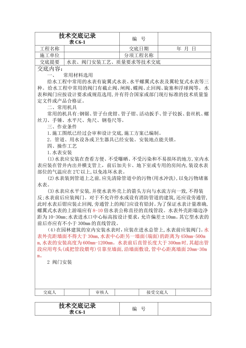 水表、阀门安装技术交底资料_第1页