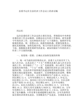 县委书记在全县经济工作会议上的讲话稿