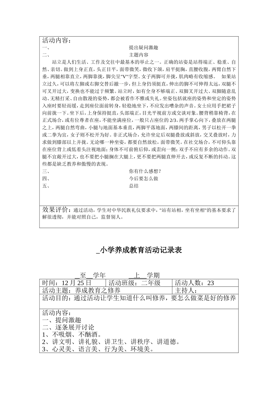 小学养成教育活动记录表 小学生课堂礼仪等修养教学设计_第3页