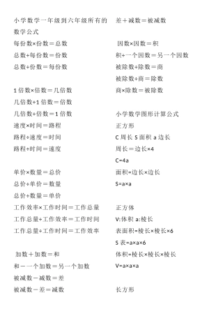 小学数学一年级到六年级所有的数学公式汇总