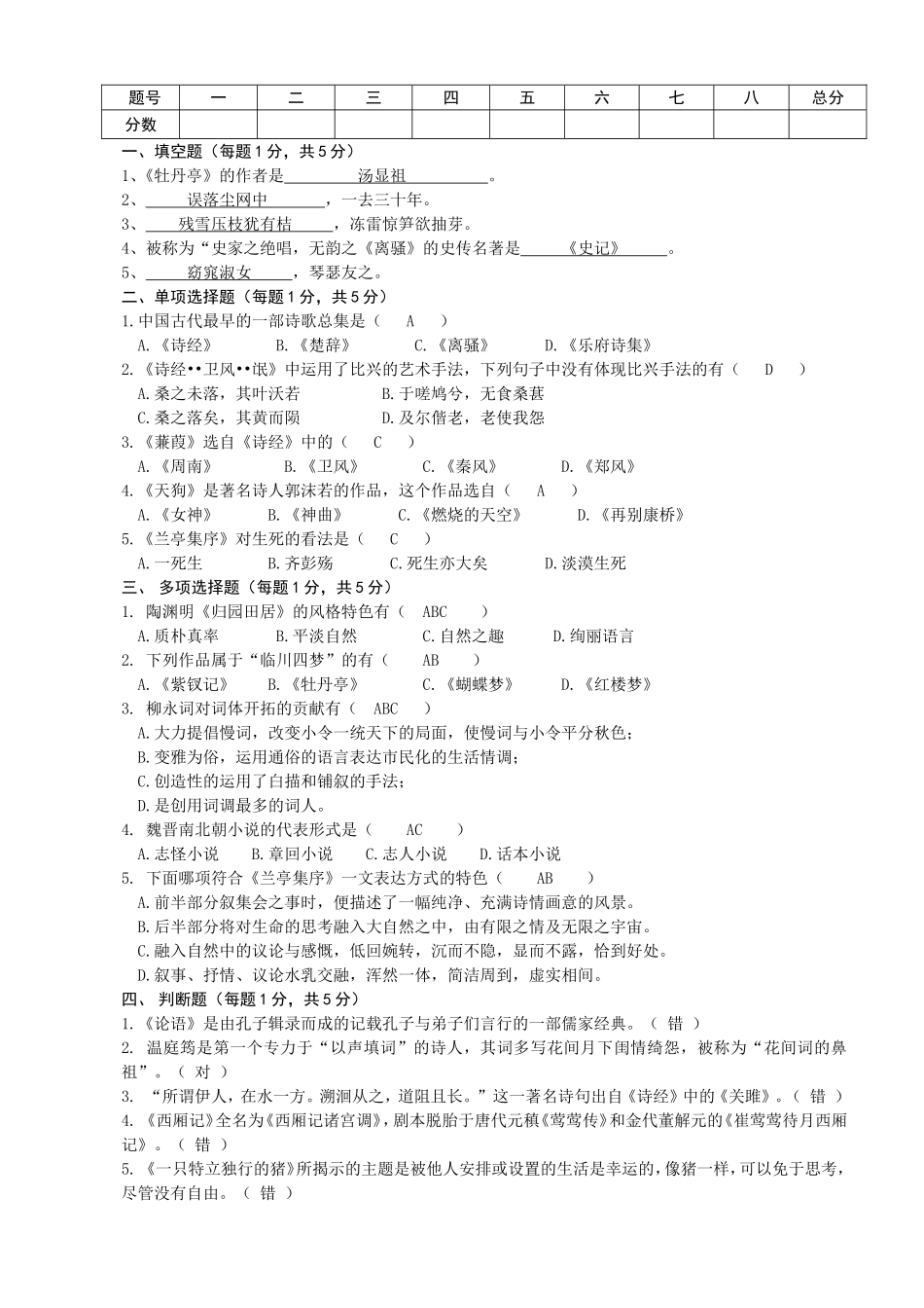 大学大学语文科目秋季期末测试练习题_第1页