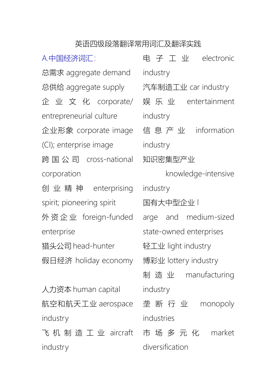 英语四级段落翻译常用词汇及翻译实践_第1页