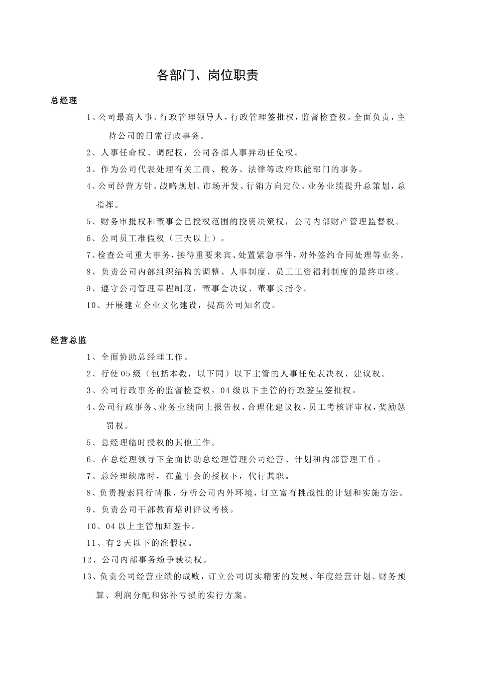 总经理经营总监等各部门、岗位职责汇总_第1页