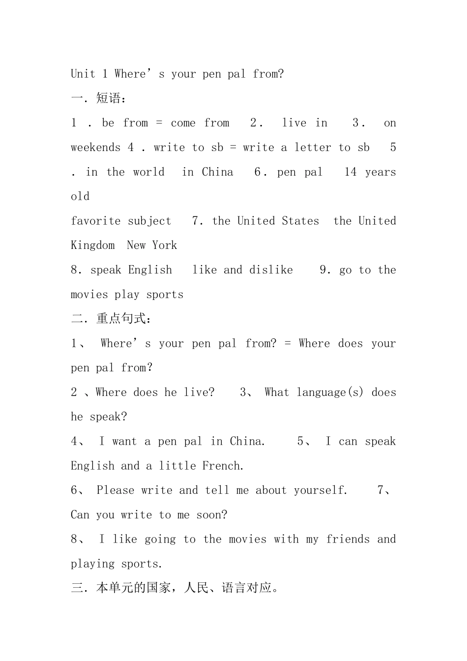 Unit 1 Where’s your pen pal from 英语知识点梳理汇总_第1页