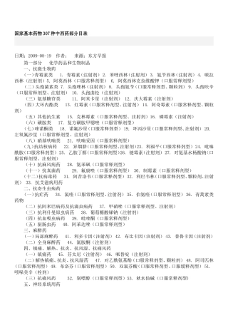 国家基本药物307种中西药部分目录