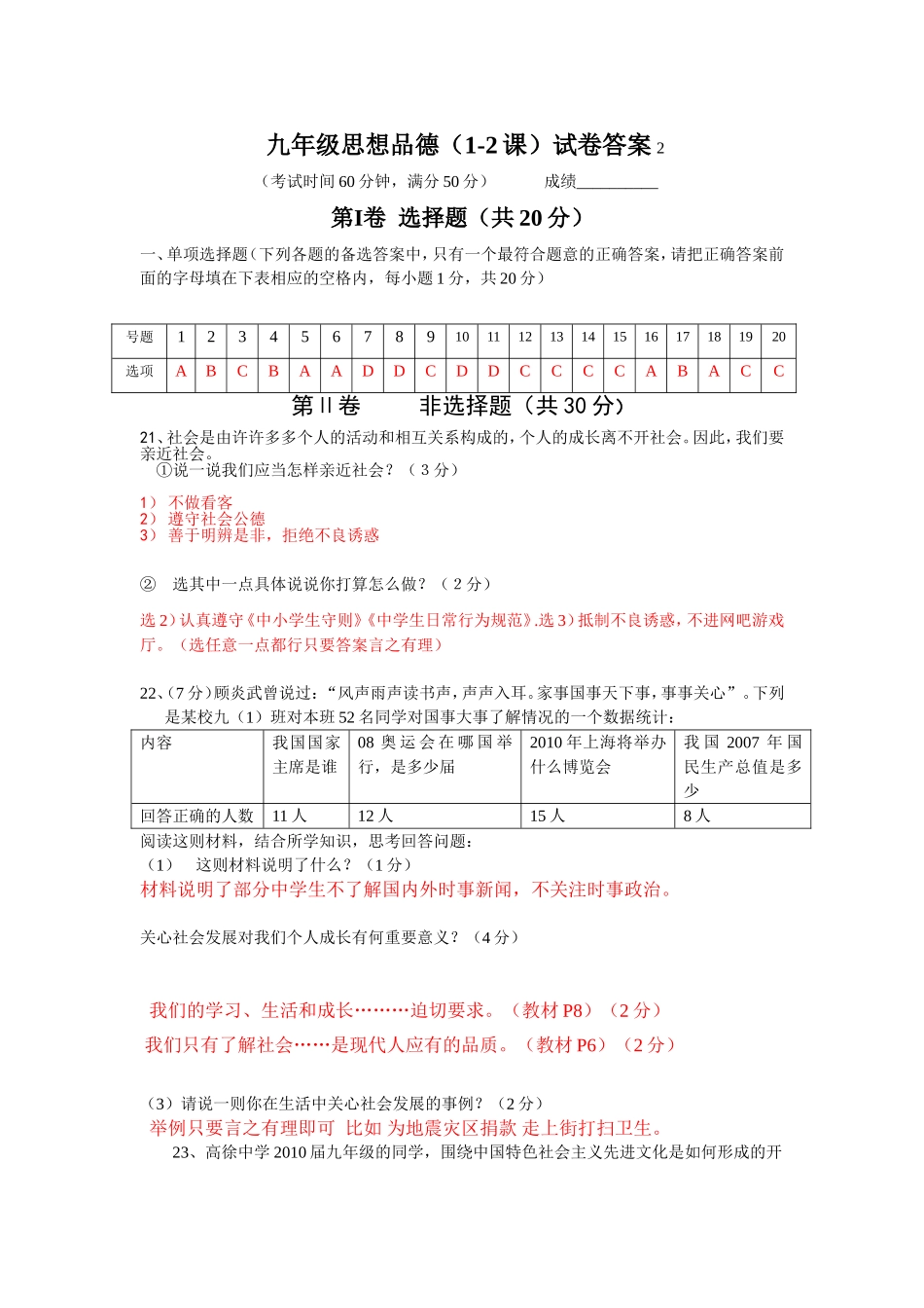 九年级思想品德（1-2课）试卷答案_第1页