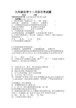 九年级化学十二月份月考试题
