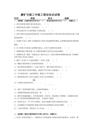 磨矿分级工中级工理论知识试卷