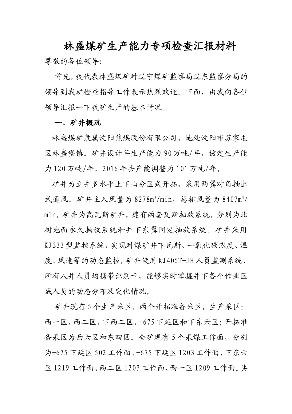 林盛煤矿生产能力专项检查汇报材料_第1页