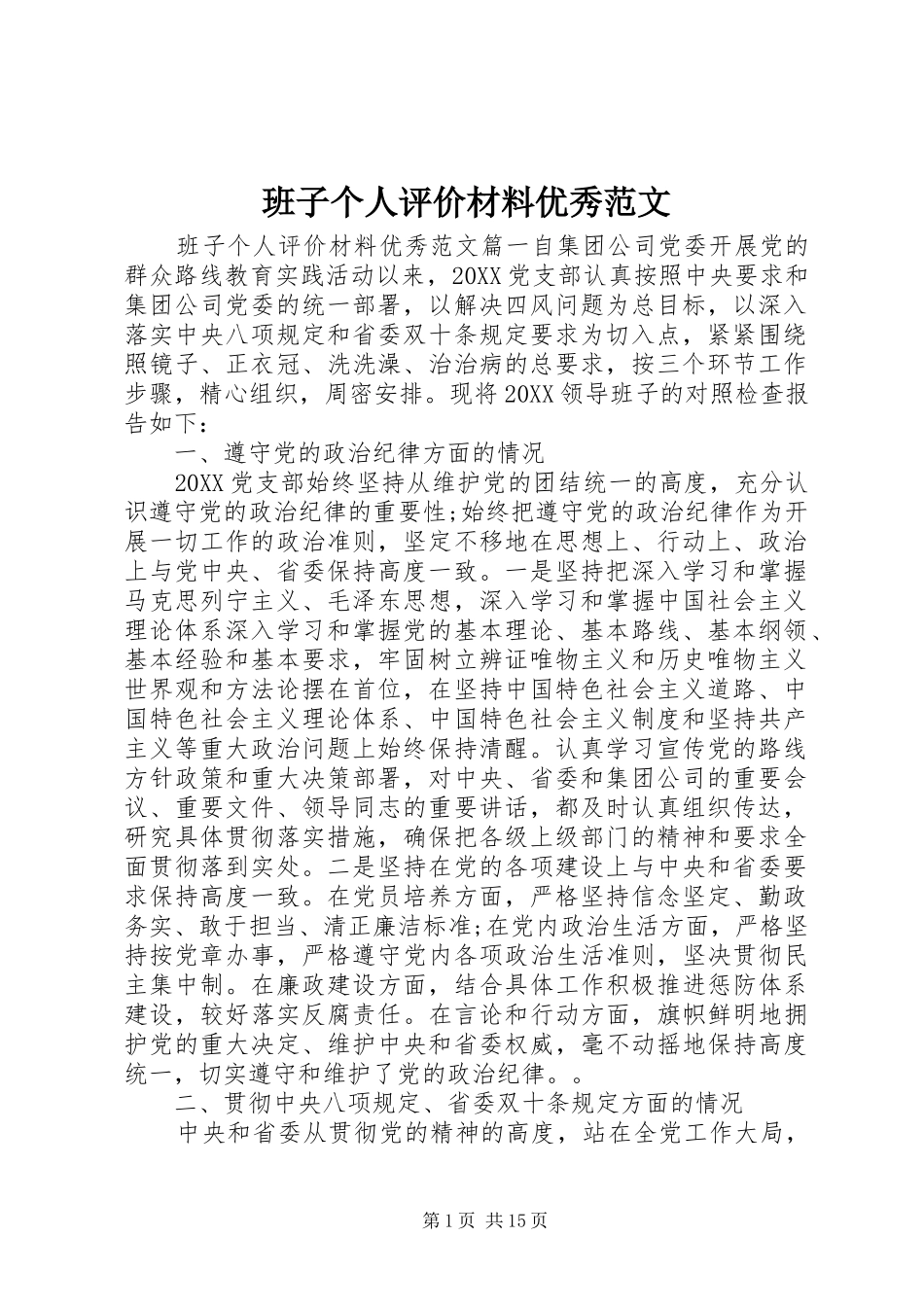 班子个人评价材料优秀范文_第1页