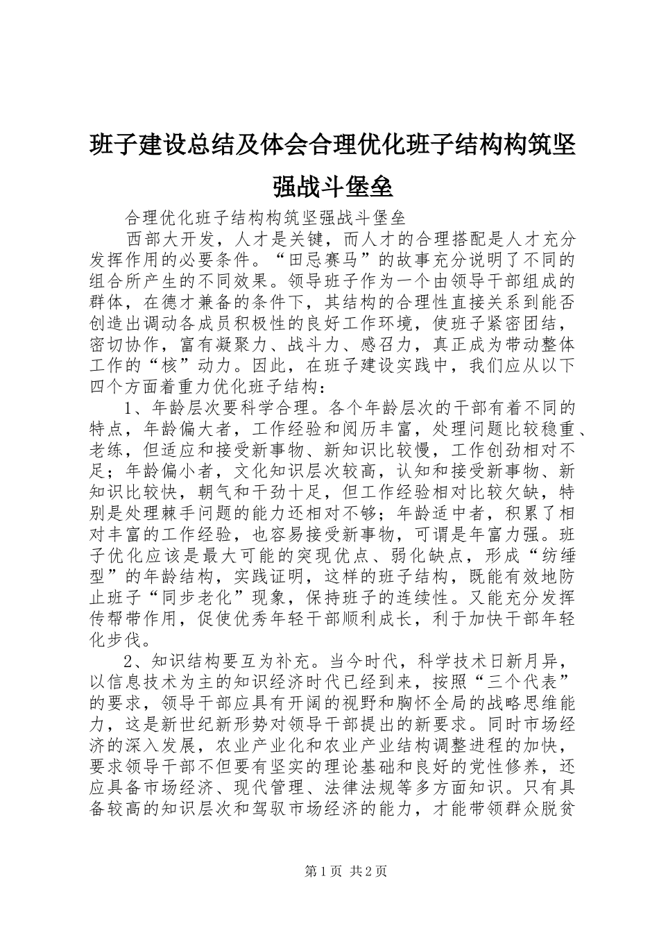 班子建设总结及体会合理优化班子结构构筑坚强战斗堡垒_第1页
