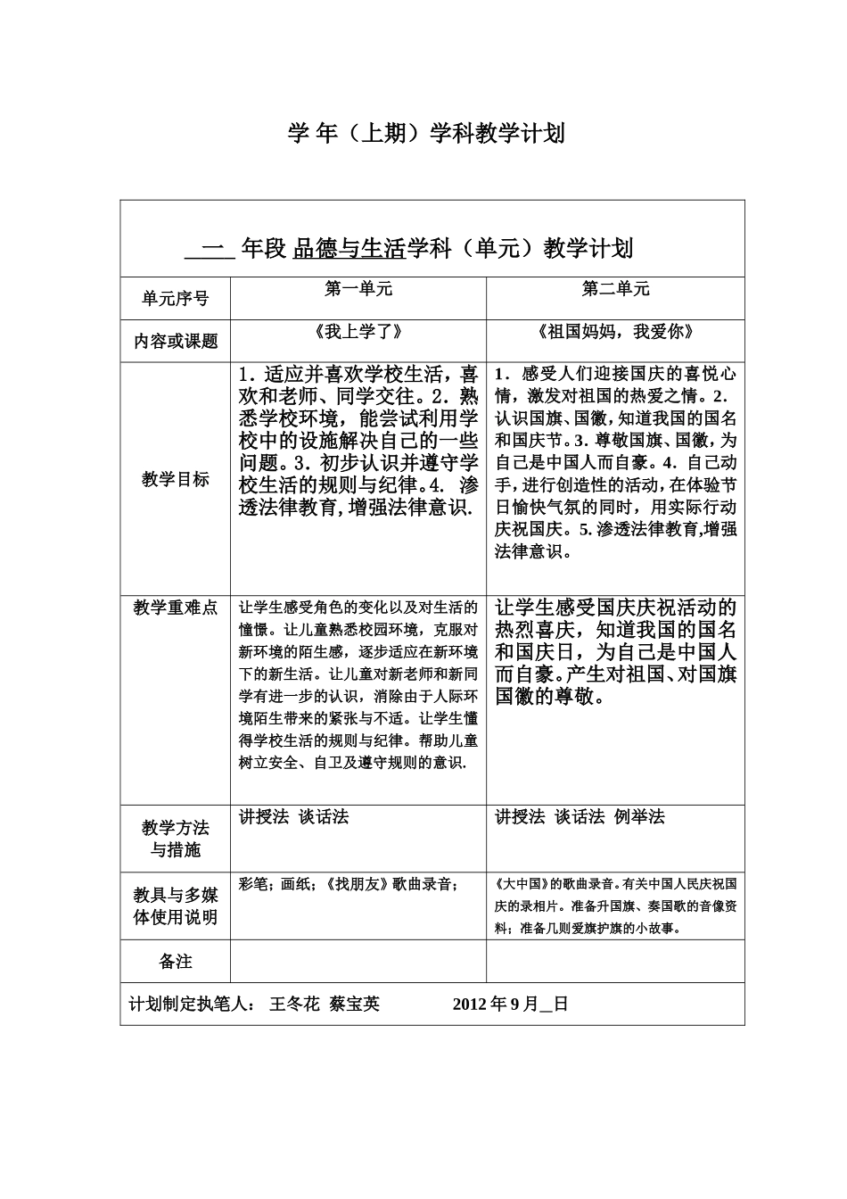 一年段品德与生活学科（一二单元）教学计划_第1页