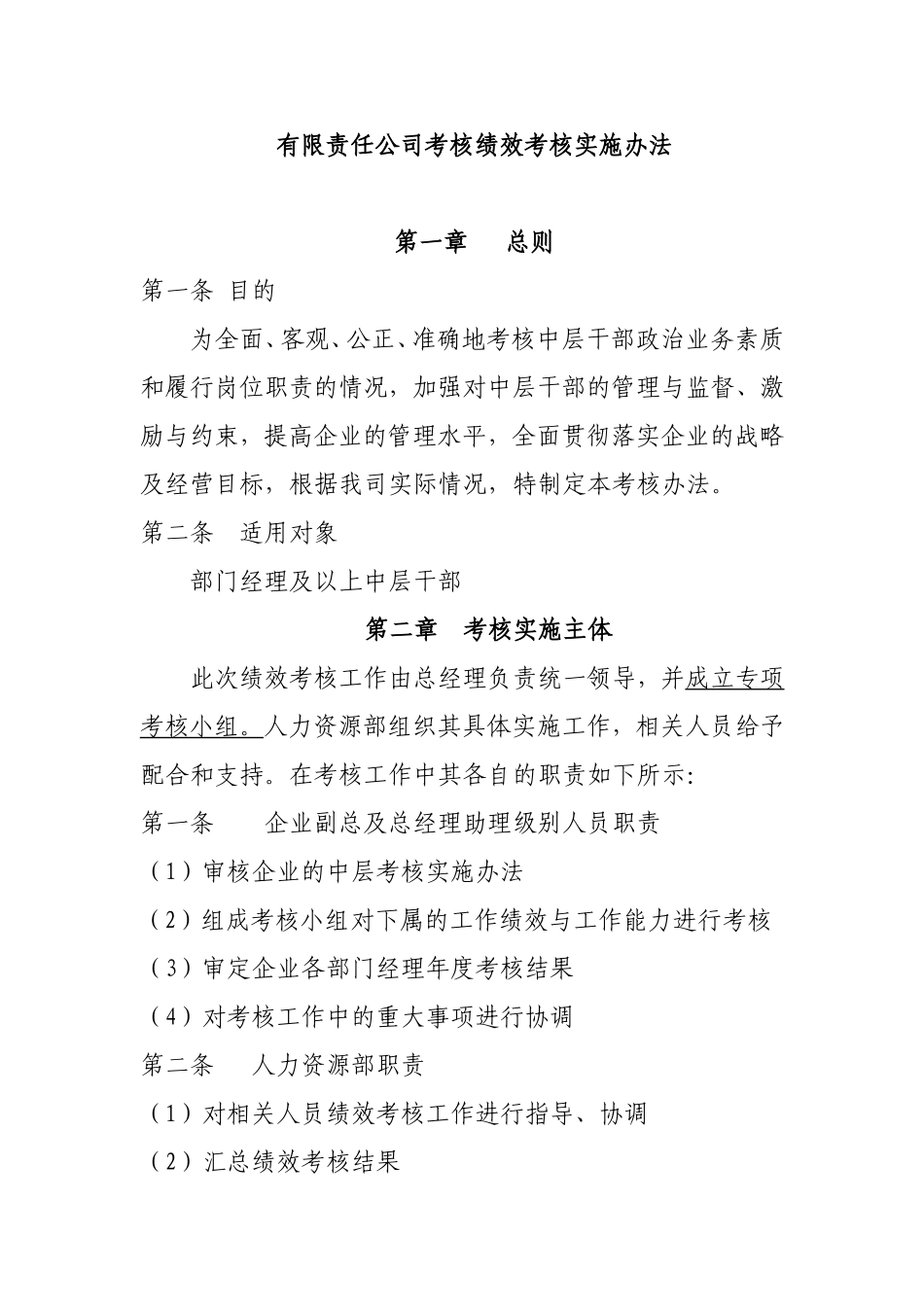 有限责任公司考核绩效考核实施办法_第1页