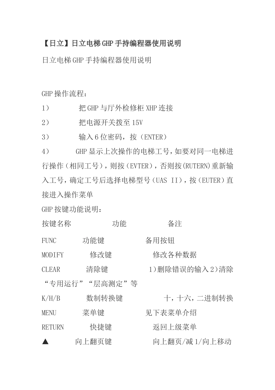 【日立】日立电梯GHP手持编程器使用说明_第1页