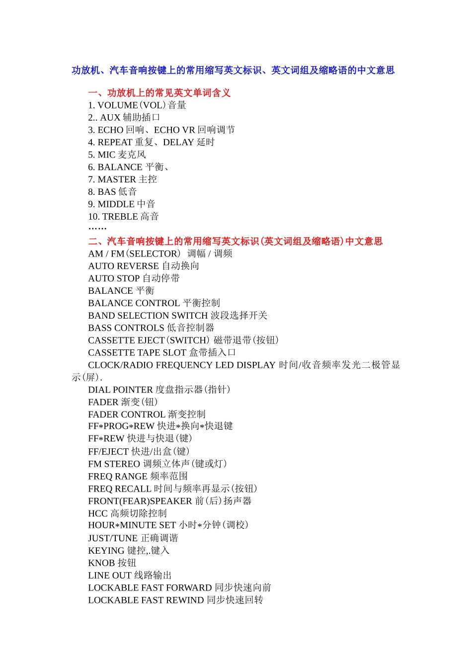 功放机、汽车音响上的按键英语知识点汇总_第1页