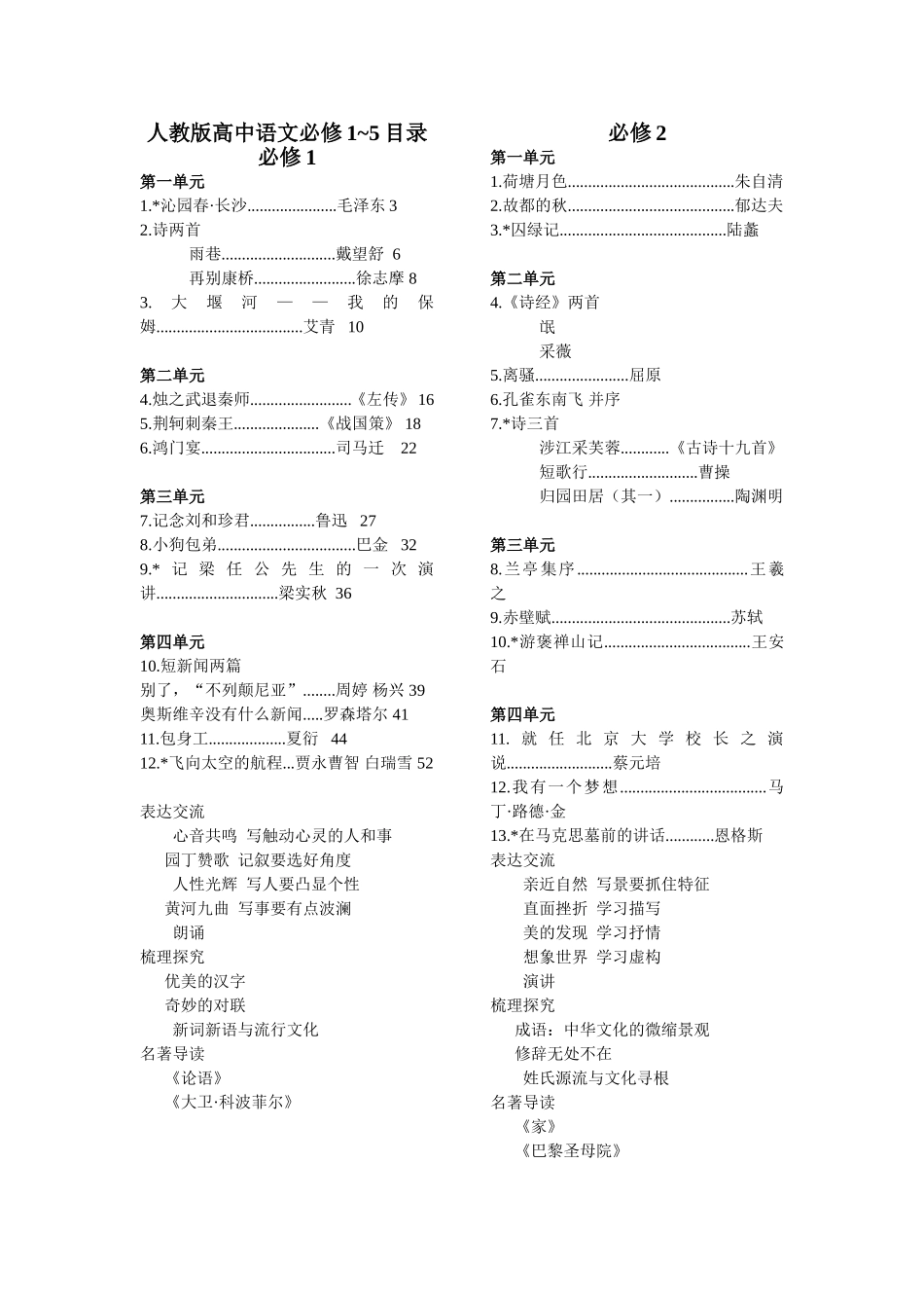 人教版高中语文必修1~5目录_第1页