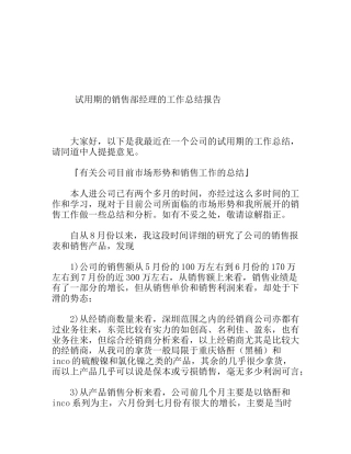 试用期的销售部经理的工作总结报告