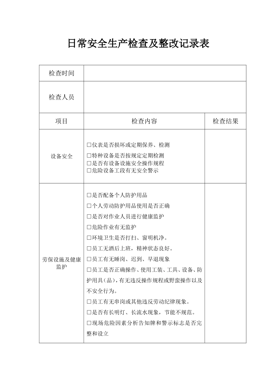 日常安全生产检查及整改记录表_第1页