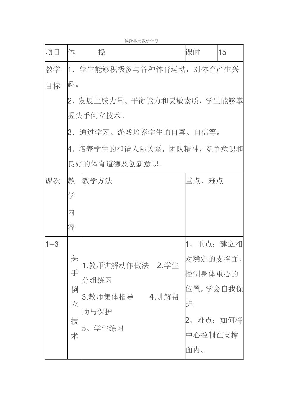 体操单元教学计划_第1页