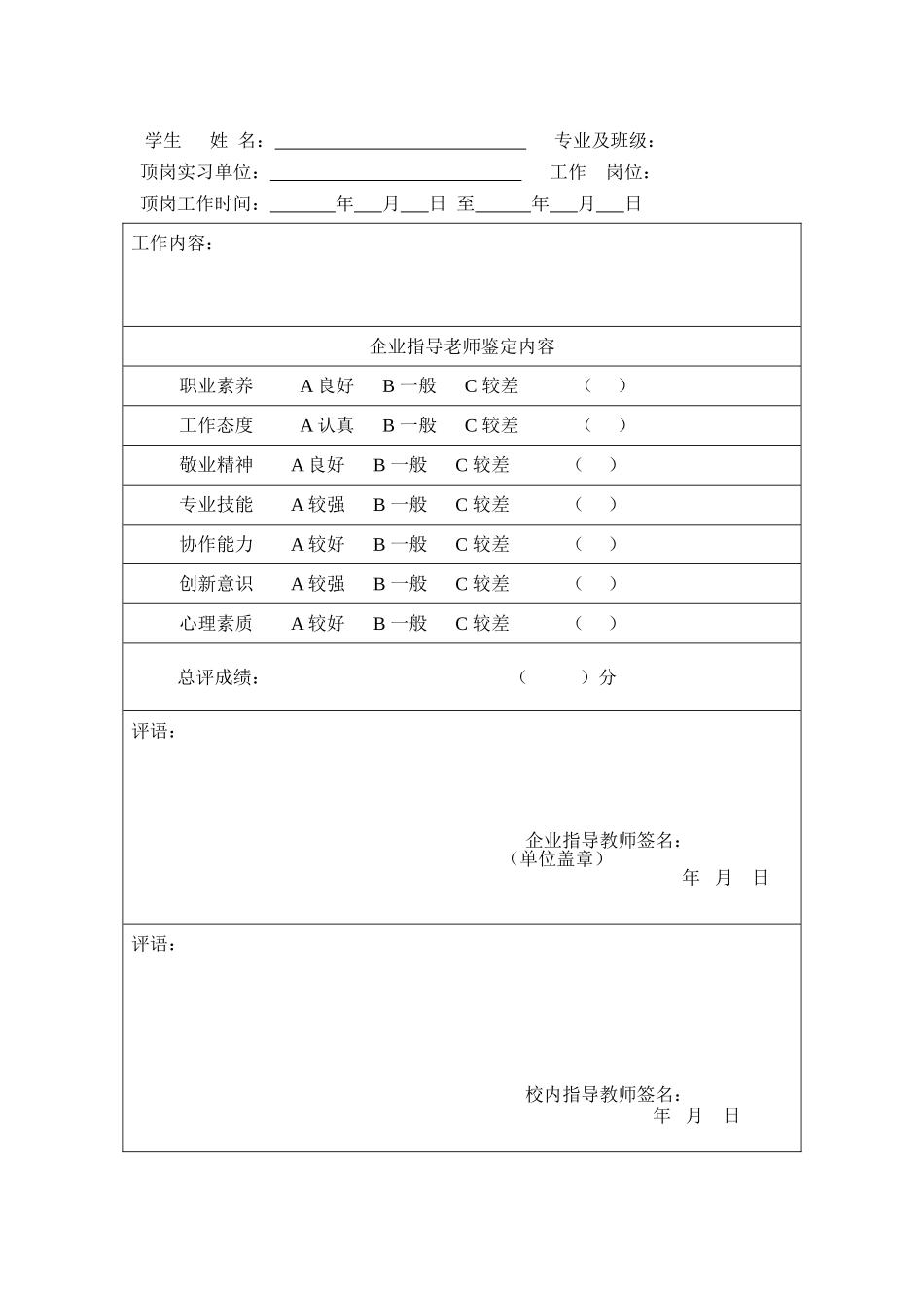水利电力职业技术学院经济管理系学生毕业顶岗实习考核表_第1页