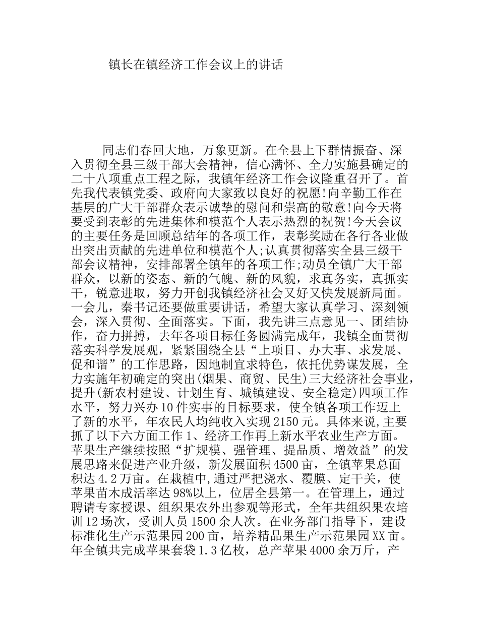 镇长在镇经济工作会议上的讲话_第1页