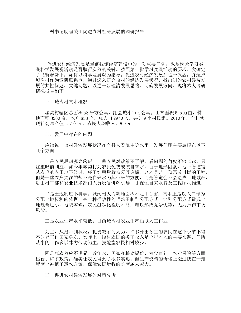 村书记助理关于促进农村经济发展的调研报告_第1页