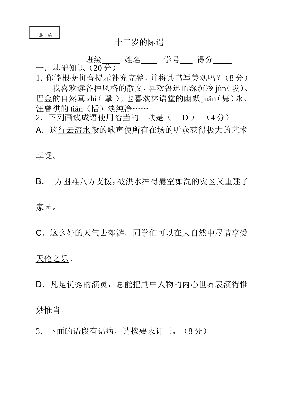 十三岁的际遇 语文测试练习题_第1页