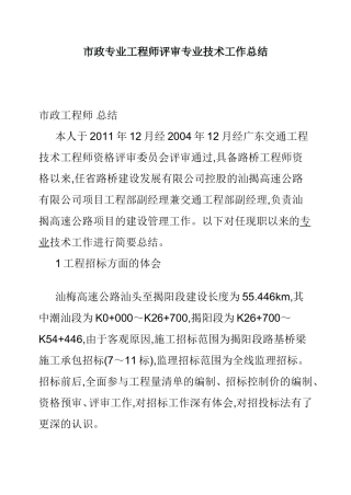 市政专业工程师评审专业技术工作总结