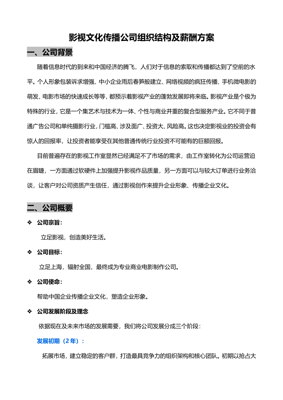 影视文化传播公司组织结构及薪酬方案_第1页