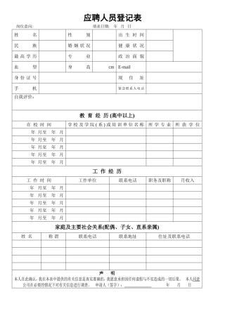 应聘人员登记表