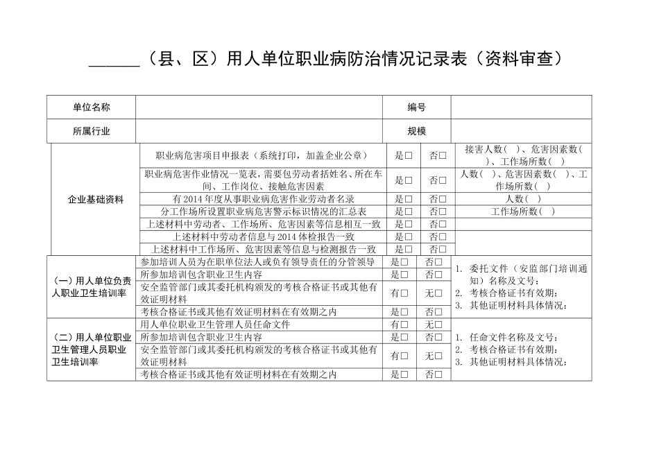 县、区用人单位职业病防治情况记录表_第1页