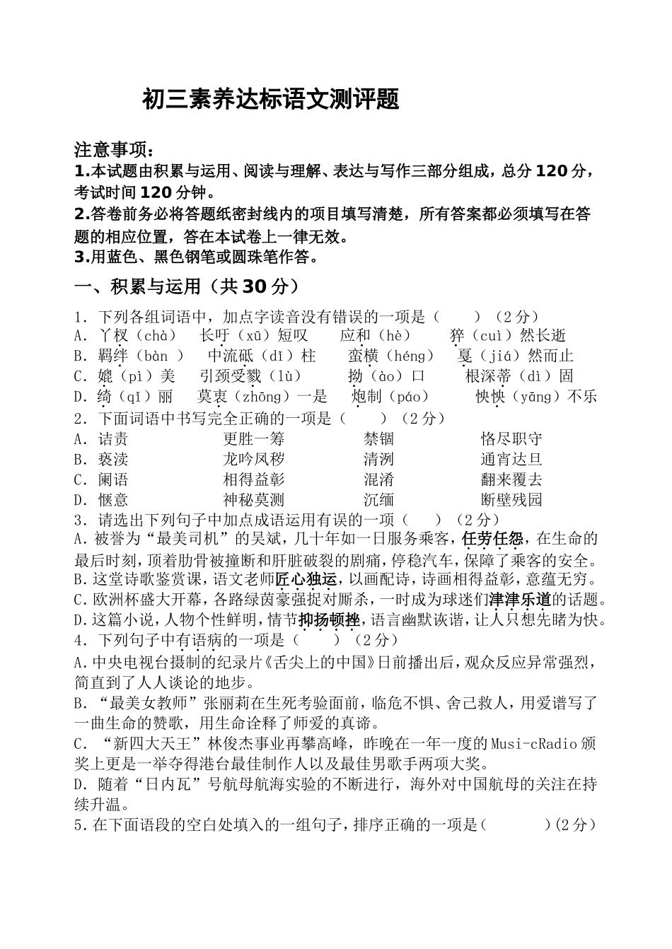 初三素养达标语文测评题_第1页