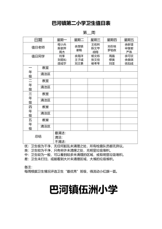 巴河镇第二小学卫生值日表