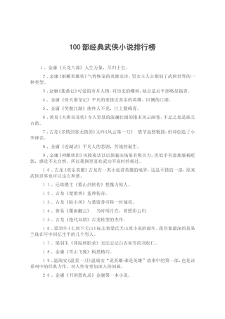 100部经典武侠小说排行榜