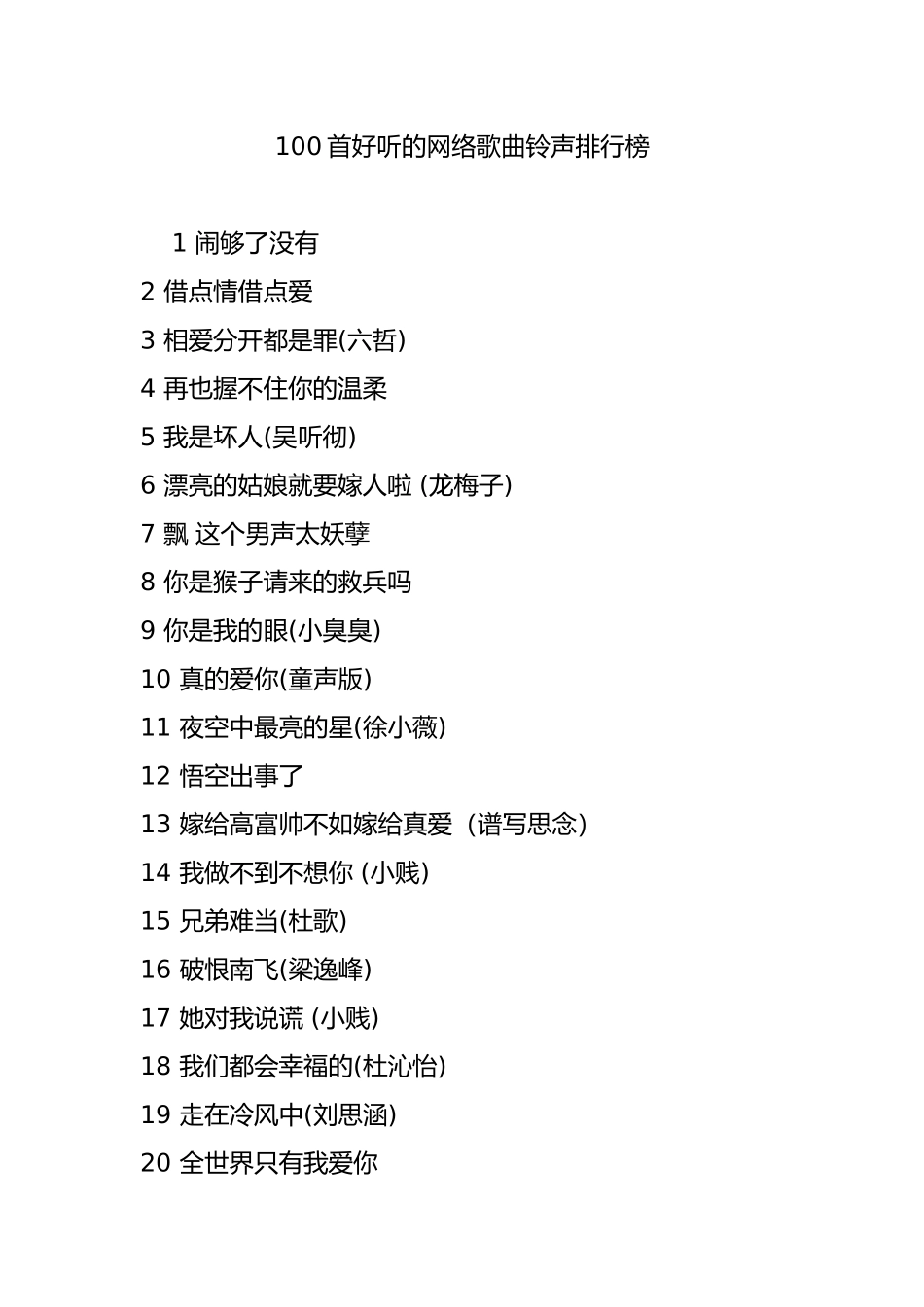 100首好听的网络歌曲铃声排行榜_第1页