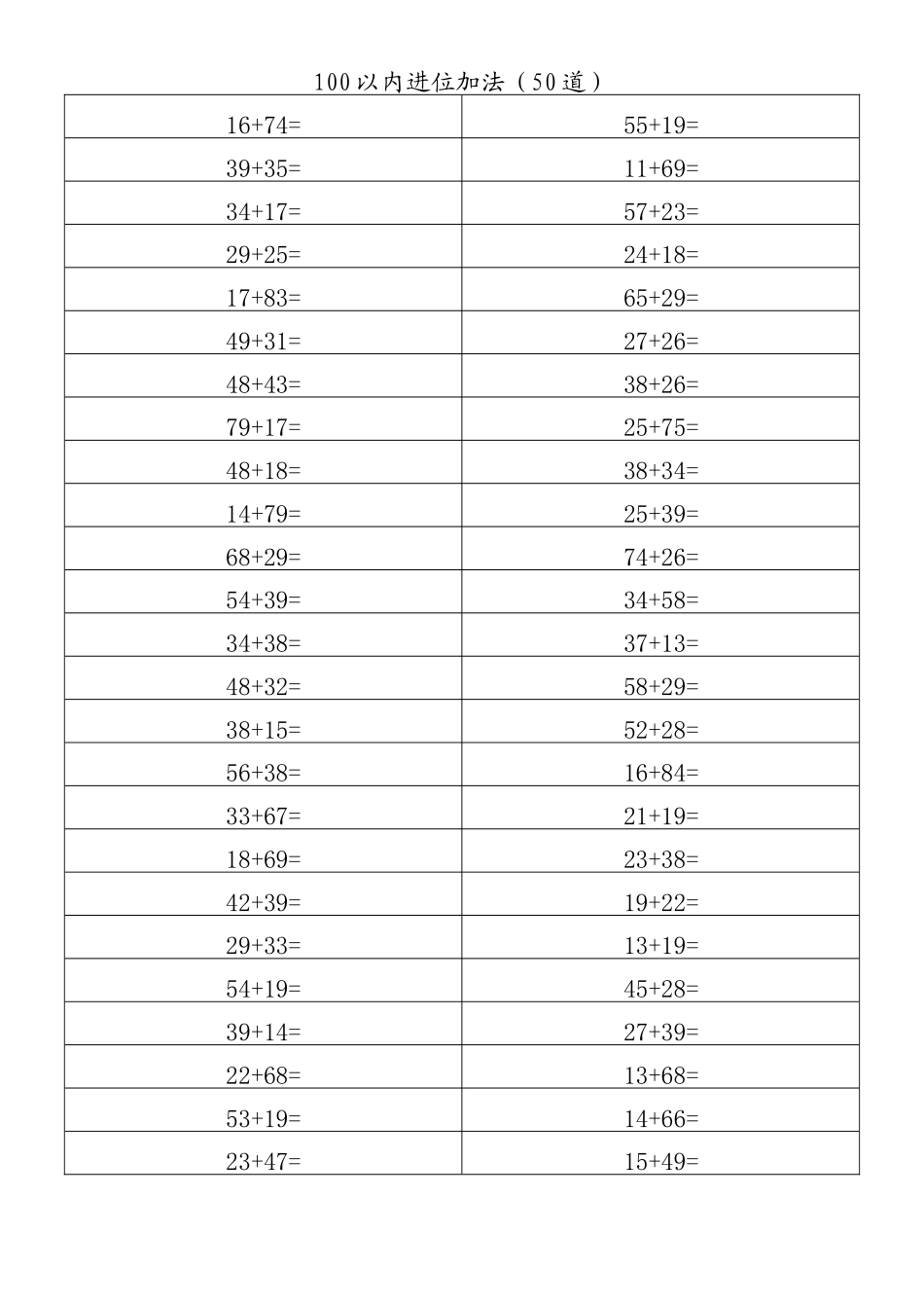 100以内进位加法（50道）_第2页