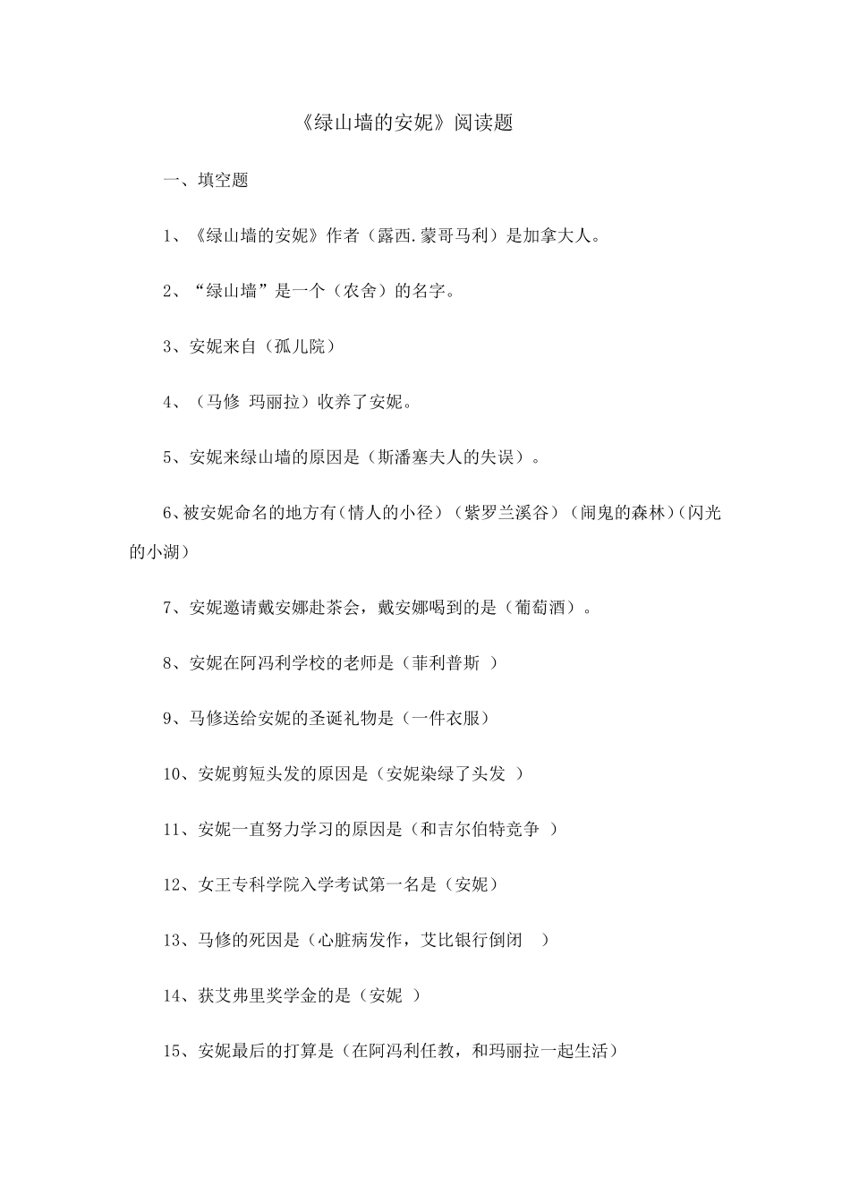 《绿山墙的安妮》阅读题_第1页