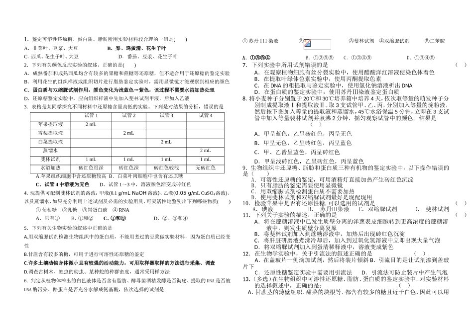 生物学测试鉴定可溶性还原糖蛋白质脂肪所用实验材料较合理的_第1页
