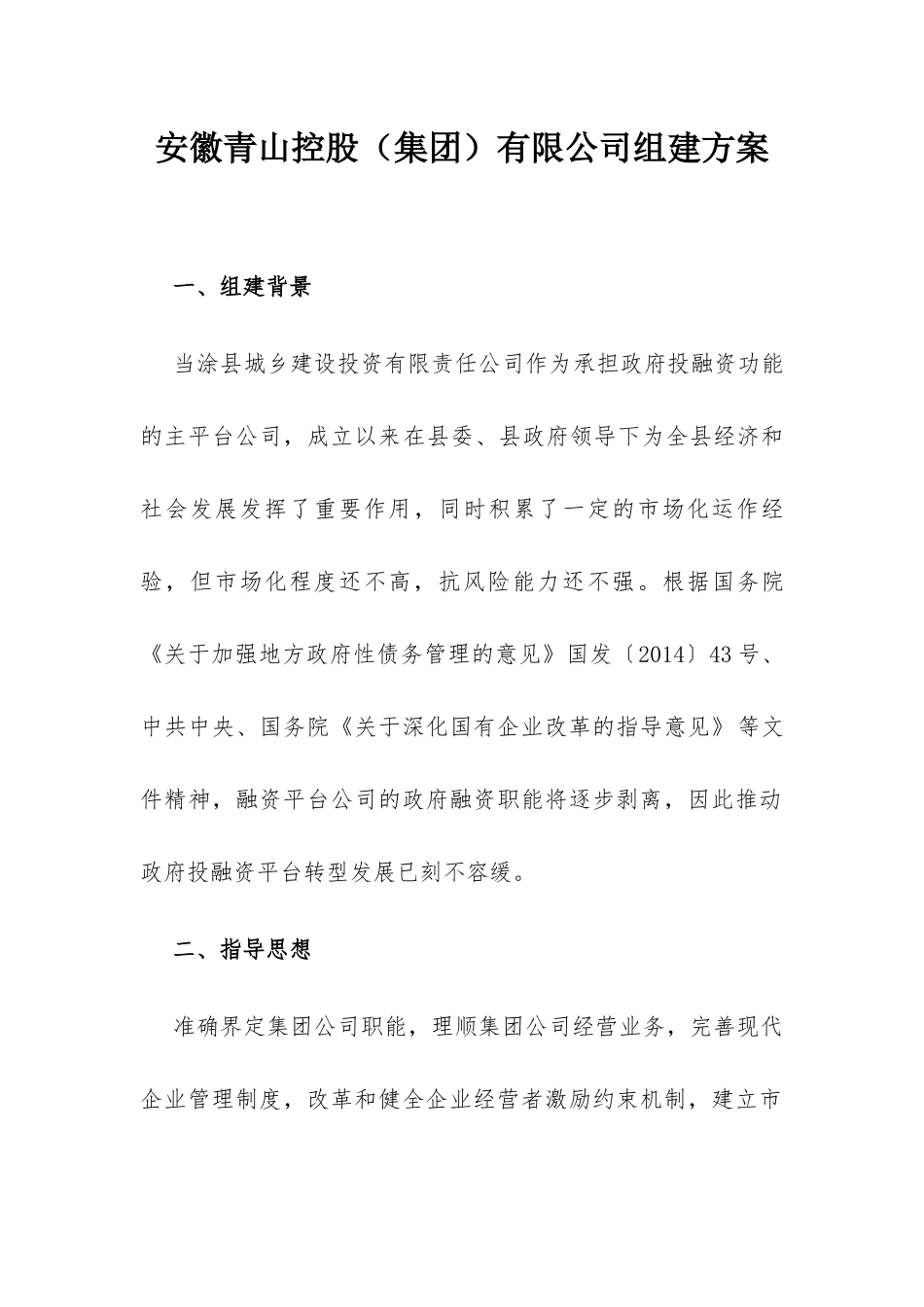 安徽青山控股（集团）有限公司组建方案_第1页