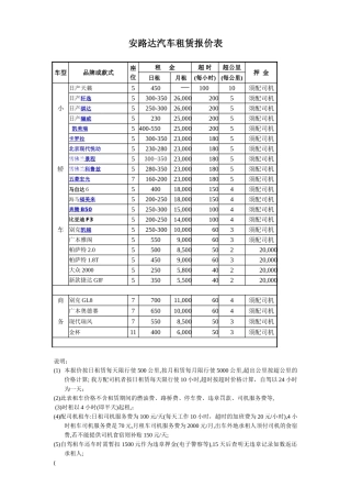 安路达汽车租赁报价表