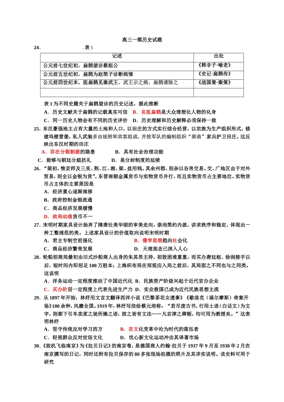 高三一模历史试题_第1页